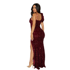Sexy Sequin Solid Color Split Evening Dress CYA-901361
