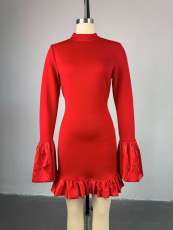 Flare Sleeve Solid Ruffled Mini Dress GCNE-7941