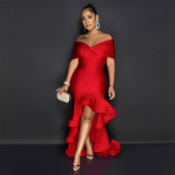 Plus Size Solid One Shoulder Lace Maxi Dress NY-10960