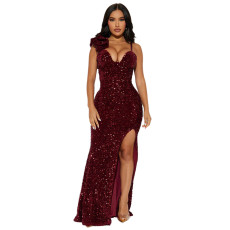 Sexy Sequin Solid Color Split Evening Dress CYA-901361