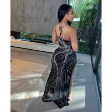 Mesh Hot Drill Sling Split Maxi Dress GOSD-6847