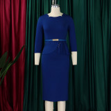 Plus Size Solid Color 3/4 Sleeve Midi Dress GMLF-3312