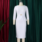Plus Size Solid Color 3/4 Sleeve Midi Dress GMLF-3312
