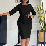 Plus Size Solid Color 3/4 Sleeve Midi Dress GMLF-3312