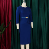 Plus Size Solid Color 3/4 Sleeve Midi Dress GMLF-3312