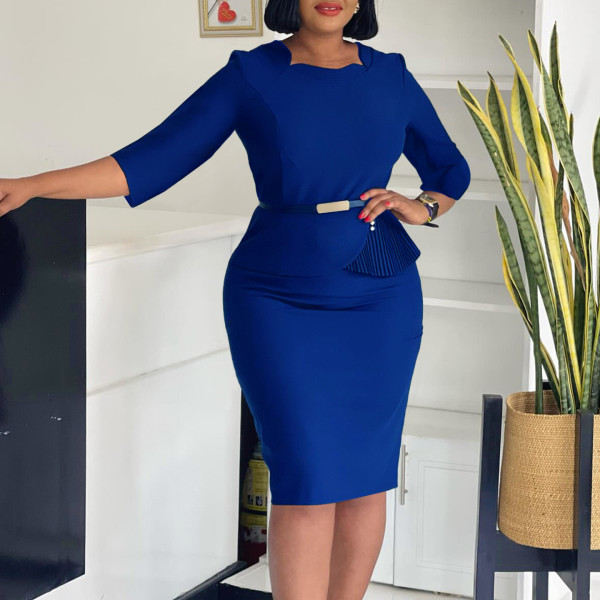 Plus Size Solid Color 3/4 Sleeve Midi Dress GMLF-3312