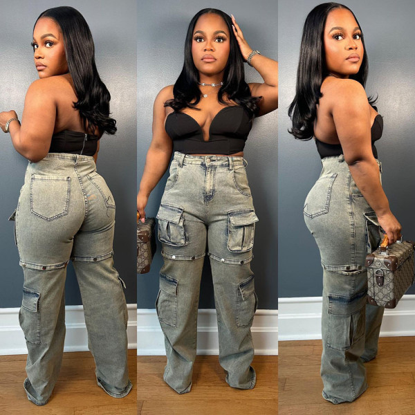 Plus Size Fashion Multi-pockets Removable Straight Jeans GAKF-41208