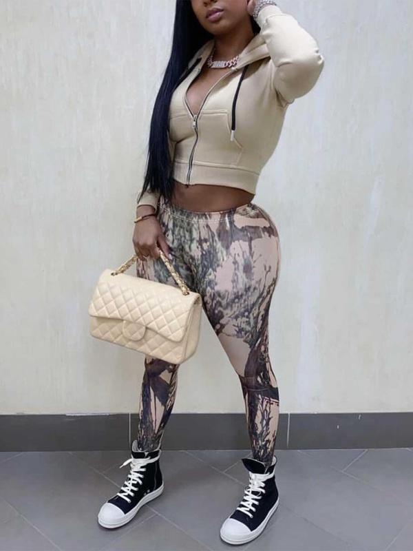 Casual Print Zipper Hoodies Two Piece Pants Set GLF-10178
