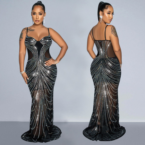 Mesh Hot Drill Backless Sling Maxi Dress BY-6820