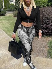 Casual Print Zipper Hoodies Two Piece Pants Set GLF-10178
