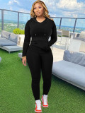 Solid Color Hooded Tight Pants Sport 2 Piece Set MIL-124