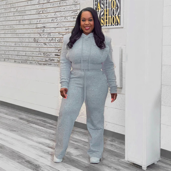 Plus Size Solid Hooded Sweatshirt Wide Leg Pants Suit NY-10969