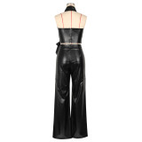 PU Leather Sleeveless Halter Two Piece Pants Set AIL-298