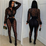 Print Mesh See Through Shirt Pants Suit YNSF-2671