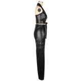 PU Leather Sleeveless Halter Two Piece Pants Set AIL-298