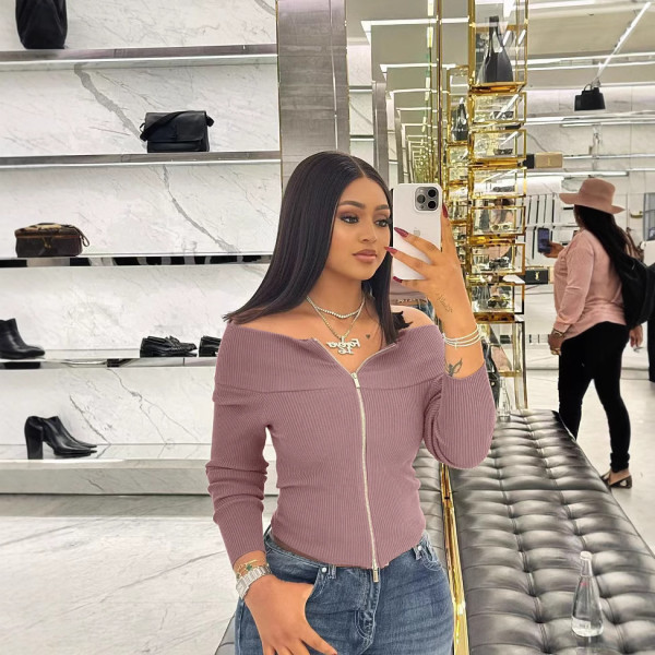 Long Sleeve One Shoulder Zipper Tops QOUY-6055