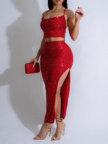 Sexy Sequin Sling Vest Split Skirt 2 Piece Set AIL-306