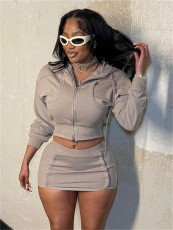 Solid Color Casual Long Sleeve Skirt 2 Piece Set YWXS-XS-XS5245