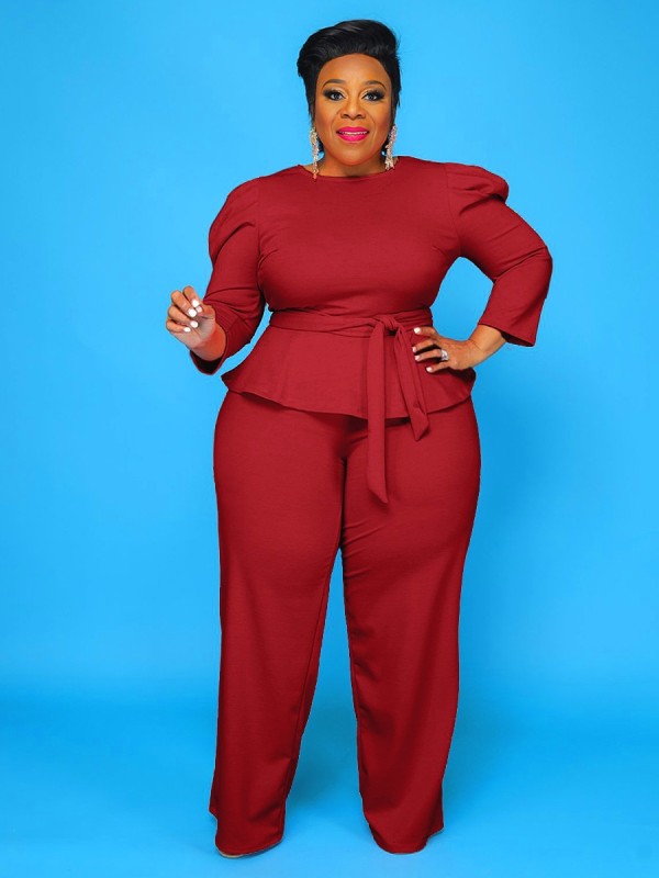 Plus Size Solid Long Sleeve Pants Two Piece Set GAWE-5339