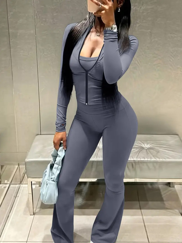 Solid Color Zipper Long Sleeve Pants 2 Piece Set LSD-22361