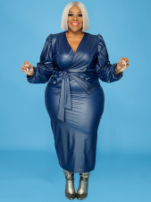 Plus Size PU Leather Long Sleeve Two Piece Skirt Set GDAM-129