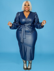 Plus Size PU Leather Long Sleeve Two Piece Skirt Set GDAM-129
