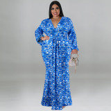 Plus Size Print Long Sleeve Fashtail Dress GDAM-1038