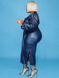 Plus Size PU Leather Long Sleeve Two Piece Skirt Set GDAM-129