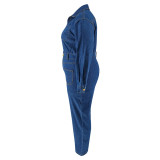 Plus Size Denim Lapel Long Sleeve Jumpsuit GDAM-1086