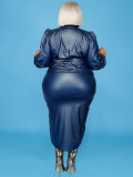 Plus Size PU Leather Long Sleeve Two Piece Skirt Set GDAM-129