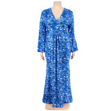 Plus Size Print Long Sleeve Fashtail Dress GDAM-1038
