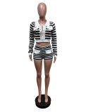 Stripe Print Tie Up Long Sleeve Shorts Sweater Suit MEM-88620