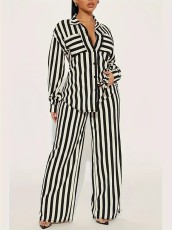 Stripe Shirt Loose Long Sleeve Two Piece Pants Set WSYF-5968