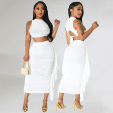 Solid Color Sleeveless Tassel Two Piece Skirts Set GOSD-6901