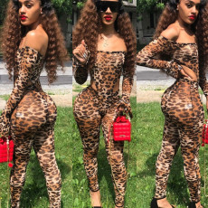Leopard Print Mesh Bodysuit Pants Suit GOSD-6190