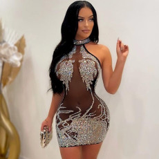 Mesh Hot Drill See Thourgh Nightclub Bodycon Dress GOSD-6681