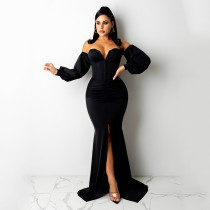 Soiid Color Long Sleeve Maxi Dress GOSD-6204