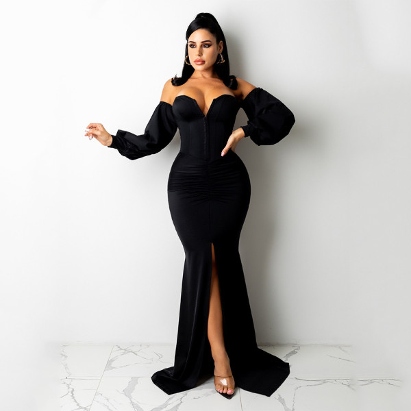 Soiid Color Long Sleeve Maxi Dress GOSD-6204