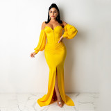 Soiid Color Long Sleeve Maxi Dress GOSD-6204