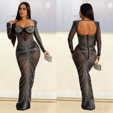 Sexy Long Sleeve Mesh Hot Drill Maxi Dress GOSD-6811