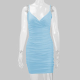 Solid Color Pleated Sling Mini Dress YMYF-8215