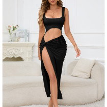 Solid Color Hollow Out Split Maxi Dress YMYF-9316
