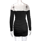 One Shoulder Long Sleeve Pleated Mini Dress YMYF-9236