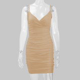 Solid Color Pleated Sling Mini Dress YMYF-8215