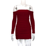 One Shoulder Long Sleeve Pleated Mini Dress YMYF-9236