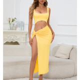 Solid Color Hollow Out Split Maxi Dress YMYF-9316