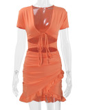 Deep V Neck Tie Up Ruffles Two Piece Skirts Set YMYF-0876