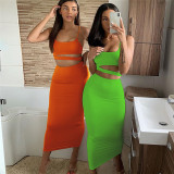 Solid Color Pleated Hollow Two Piece Skirts Set YMYF-0898