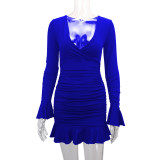 V Neck Ruffles Sleeve Pleated Mini Dress YMYF-9267