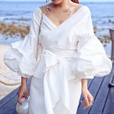 Sexy Tie Up Bubble Sleeve V-Neck Blouse GCZF-8620